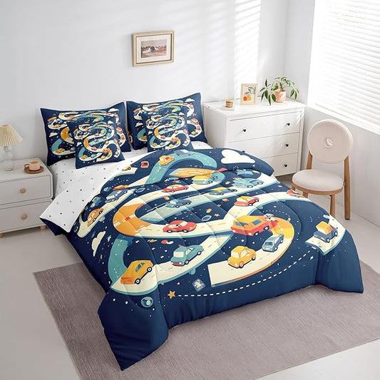 Castle Fairy Road Traffic Comforter Set King Size,Colorful Cartoon Cars Bed Set 7pcs with Comforter,Fitted Sheet,Flat Sheet,2 Pillowcases and 2 Throw Pillow Covers,Vehicle Car Bedding for Kids