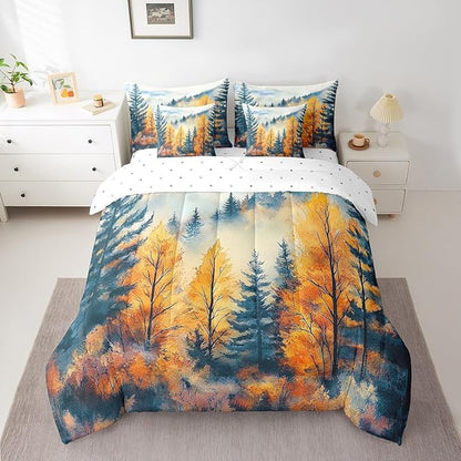 Erosebridal Pine Tree Forest Bed in A Bag Twin 7 Piece Mountain Mist Landscape Bedding Set Blue Gold Rustic Aesthetic Comforter Set with Sheets Watercolor Oil Painting Style Bed Set