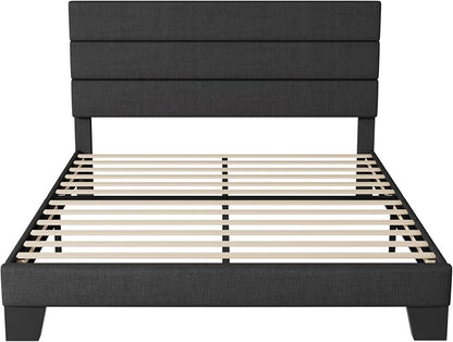 Allewie Queen Size Platform Bed Frame with Fabric Upholstered Headboard | Wooden Slats Support, Fully Upholstered Mattress Foundation, No Box Spring Needed, Easy Assembly, Noise-Free, Dark Grey