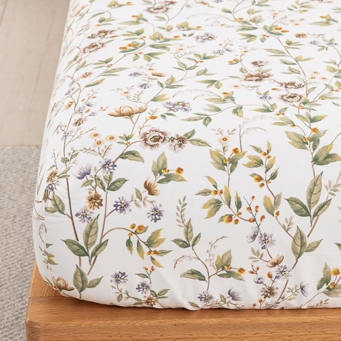 DAUAOTO California King Cotton Sheets Set Printed Bedding Sets, Farmhouse Pattern Bedlinen for Cal King Mattress Up to 14" Deep, Botanic Green
