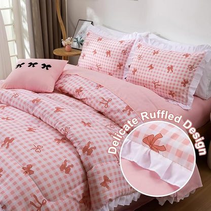A Nice Night Bow Comforter Set,6 Piece Bed in a Bag with Comforter & Sheet Set,Chic Grid Bowknot Bedding Sets,Princess Themed Bed Sets for Kids Girls,Full