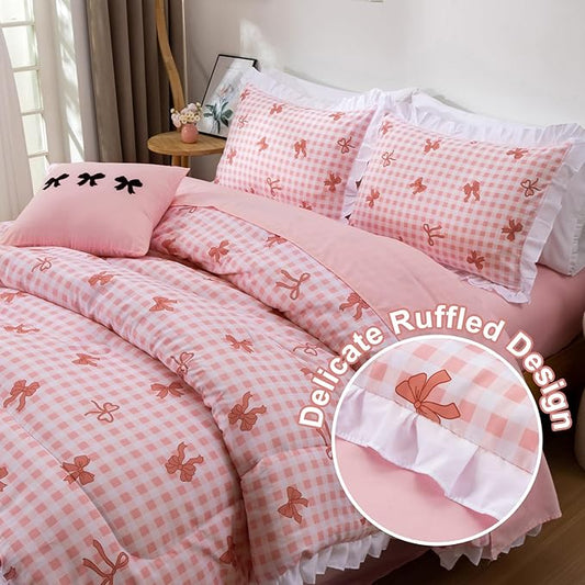 A Nice Night Bow Comforter Set,6 Piece Bed in a Bag with Comforter & Sheet Set,Chic Grid Bowknot Bedding Sets,Princess Themed Bed Sets for Kids Girls,Full