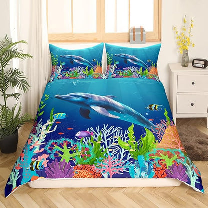 Cute Dolphin Kids Bedding Set Ocean Fish Coral Duvet Cover Set Cartoon Undersea Boys Girls Comforter Cover Set Blue Underwater Bedspread Cover Bedroom Quilt Cover Queen with 2 Pillowcase,No Comforter