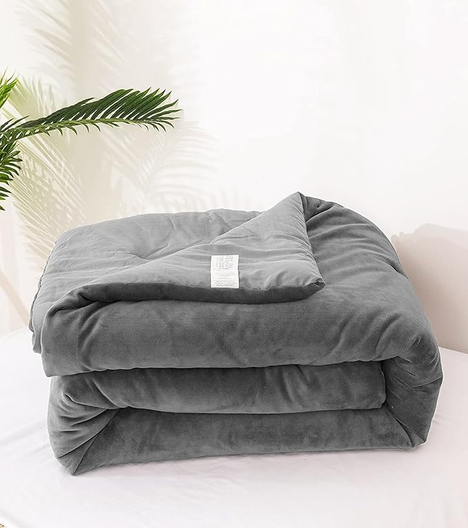 Houseri Grey Velvet Comforter Set Twin Fluffy Flannel Furry Bedding Sets Kids Fuzzy Comforter Plain Grey Sherpa Bedding Comforters Sets Twin