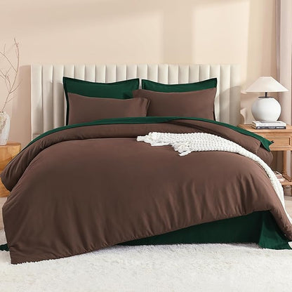 Litanika King Comforter Sets Brown Emerald Green- 7 Pieces Bed in a Bag Beddding Sets, Solid Lightweight Bed Set with Comforter, Sheets, Pillowcases & Shams
