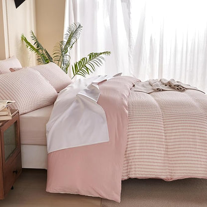 Striped Comforter Set Queen Pink Soft Luxury Washed Microfiber Jacquard 3 Pieces Bedding Set, White Pink Vertical Ticking Stripes Pattern Comforter with 2 Pillowcases Breathable Durable Comfy