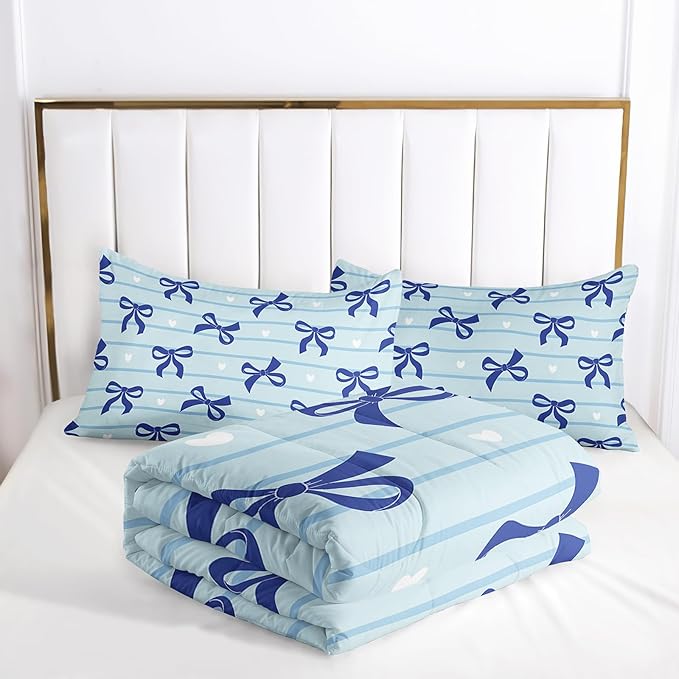 3Pcs Bow Bedding for Girls,Blue Bowknot and White Love Heart Printed Bedding Set King Size,Blue Striped Comforter for Teens Boys Girls,Kawaii Cartoon Comforter Set 1 Quilt 2 Pillowshams