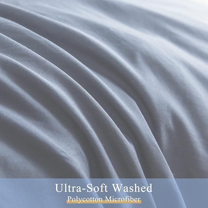 COTTEBED Solid Comforter Queen Set for Mens Women - Soft Thin Washed Cotton Ligtht Weight Full Sized Bedding Down Alternative Comforters Sets with 2 Pillow Shams (Light Dusty Blue,Queen/Full)