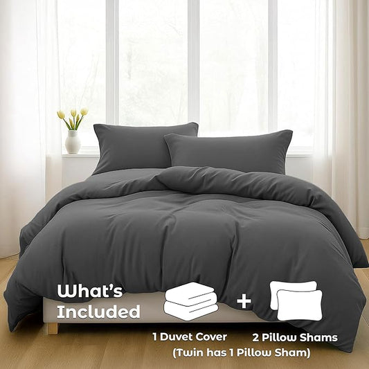 Pure Bedding Duvet Cover King Size - 3 Pieces Extra Soft Bedding Set, Includes 1 Duvet Cover 104x90 Inches with Zipper Closure & 2 Pillow Shams, Comforter Not Included, Dark Grey