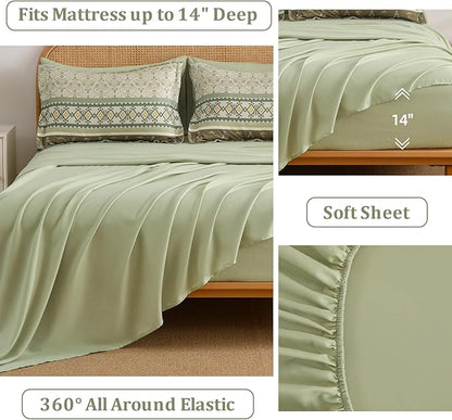 Comforter Set King Size Boho,7 Pieces Sage Green Bedding Set Bohemian Striped Bed in a Bag,Soft Microfiber Paisley Floral Comfortet and Sheet Sets for Family All Season