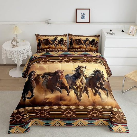 Feelyou Boho Comforter Set Queen Size Horses Comforter Southwestern Native Aztec Bedding Set Retro Exotic Boho Duvet Set Room Decor Dark Brown Quilt Set