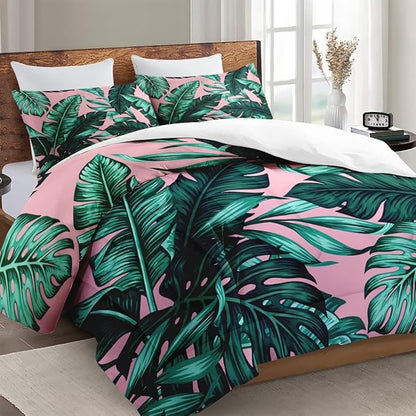 Queen Size Comforter Set with 2 Pillowcases, Tropical Green Leaves Pink Leaf Soft 3 Pcs Bedding for Kids and Adults Bedroom Bed Decor