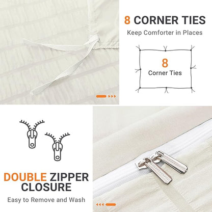 HYMOKEGE Ivory Duvet Cover King Size, Ultra Soft 3-Piece Seersucker Duvet Cover Set with Zipper Closure, Soft Brushed Microfiber Bedding Set with 8 Corner Ties (104"x90", 2 Pillowshams)