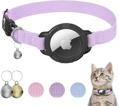 AirTag Cat Collars, Stretchy Collar with Air Tag Holder and Bell | Breakaway - Ultra Design Elastic - GPS Tracking Collars - Adjustable Size for Cats & Puppies 7.5-12.5" - (Purple)