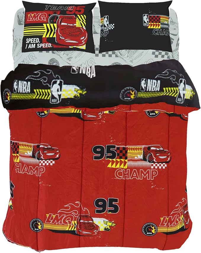 Northwest Disney Pixar Cars Full Size Comforter Set, 5 Piece Reversible Lightning McQueen Design Ultra Soft Fade Resistant Microfiber Kids Bedding Set, Officially Licensed