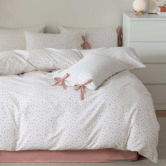 HighBuy Boho Floral Comforter Set Queen Floral Cottagecore Bedding Comforter Set with 2 Bowknot Bow Tie Pillowcases Pink Floral Queen Comforter Sets Coquette Bedding Sets for Women Girl Fluffy