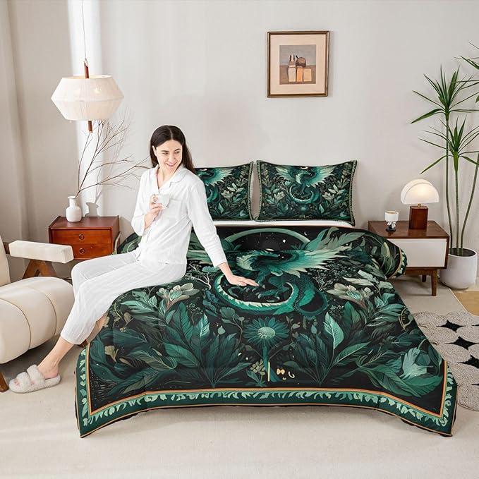 Feelyou Dragon Comforter Set All Season Dragon Stuff Bedding Set with 1 Pillow Cases Wild Life Kids Toddler Bedclothes Magic Wildlife Bedroom Decor Greenish Duvet Quilt Breathable Soft