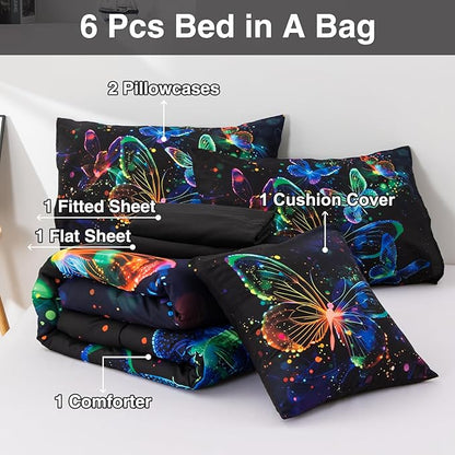 A Nice Night Galaxy Bedding Sets,3D Butterfly Flying in Space Printed,Like Glitter Butterflies 6pcs Bed in a Bag Queen Comforter Set, for Girls Boys Kids Teens