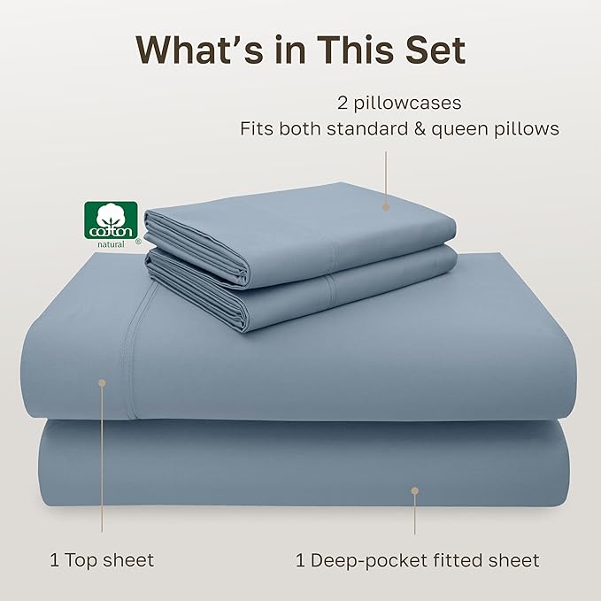 California Design Den - Luxury Full Size Sheet Set - 100% Cotton, 600 Thread Count Deep Pocket Full Size Bed Sheets, Sateen Weave - Pastel Blue