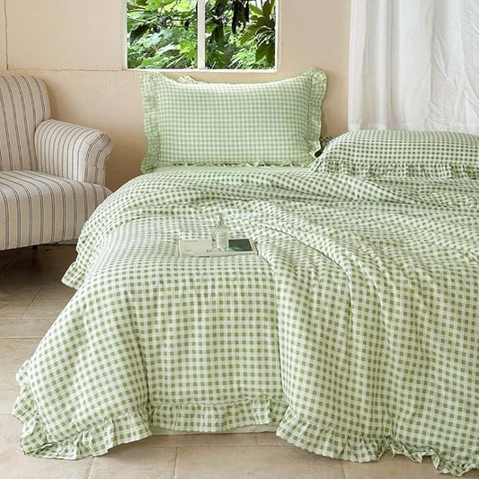 NSNLGSGC Sage Green Ruffle Gingham Comforter Set Twin, Pre-Washed Ruffled Plaid Checked Comforter Bedding, 2 Pieces Vintage Farmhouse Grid Bedding Set(Green Gingham, Twin)
