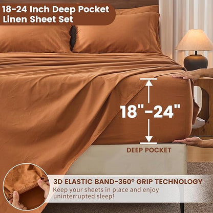 Bedlifes 100% French Linen Sheets King Size 18-24" Extra Deep Pocket 4-Piece Set Breathable & Moisture-Wicking,Soft & Durable Sheets for Thick Mattresses(Brown)