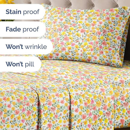 Floral Sheets - Watercolor Floral Bed Sheet Set - 1 Flat, 1 Fitted & 1 Pillowcase w/ Deep Pockets - Comfy, Wrinkle & Fade Free Boho Botanical Bedding - Ultra-Soft, Breathable & Cooling - Twin Size New