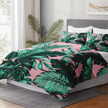 Queen Size Comforter Set with 2 Pillowcases, Tropical Green Leaves Pink Leaf Soft 3 Pcs Bedding for Kids and Adults Bedroom Bed Decor