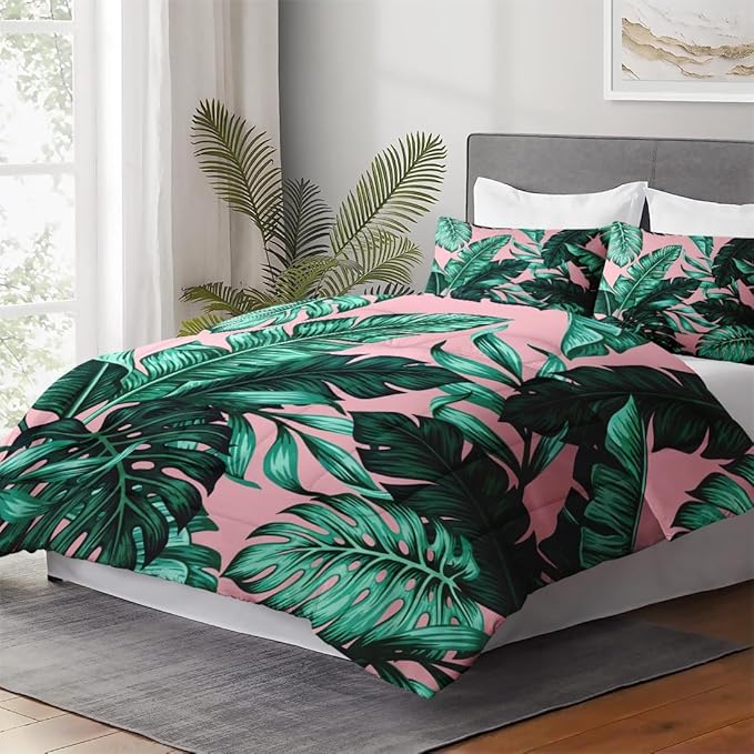 Full Size Comforter Set with 2 Pillowcases, Tropical Green Leaves Pink Leaf Soft 3 Pcs Bedding for Kids and Adults Bedroom Bed Decor