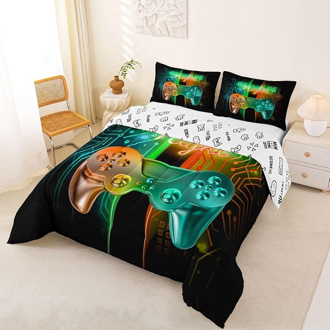 Feelyou Gamer Comforter Kids Gaming Video Game Comforter Set for Boys Teens Noverlty Modern Gamepad Bedding Set Breathable Gamer Console Bedding Duvet Set Bright Orange Green Room Decor Toddler Size