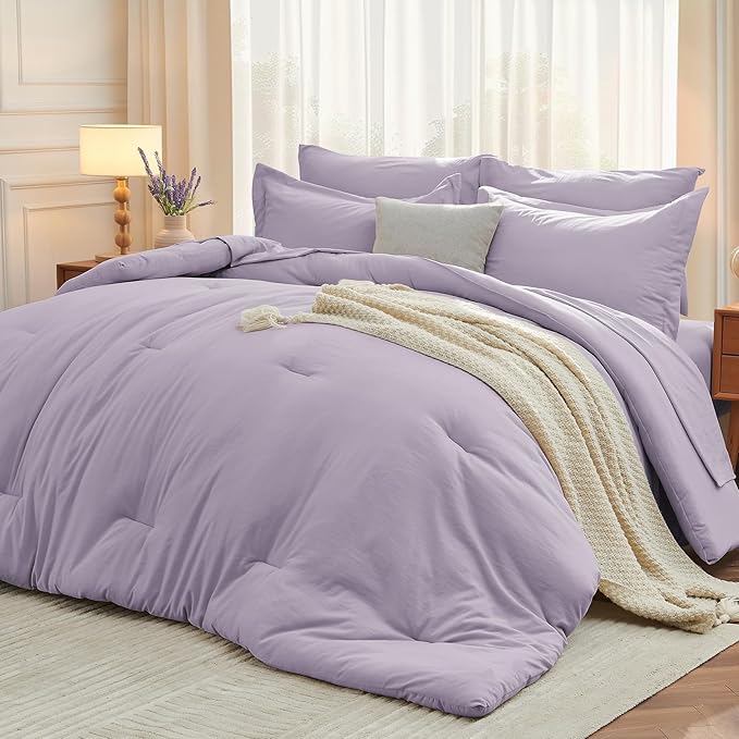 MUXHOMO 7 Pieces California King Comforter Set, Soft Bed in a Bag Cal King Size, All Season Bedding Set with Comforter, Flat Sheet, Fitted Sheet, Pillowcases & Shams, Lavender