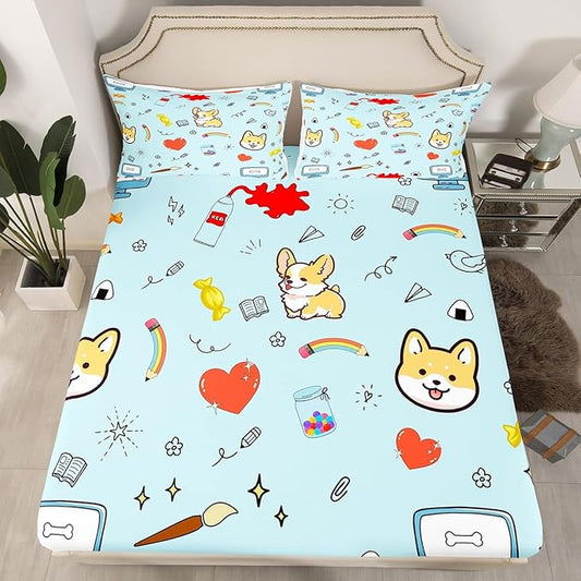 Cartoon Dog Bed Sheet Set 4 Piece,Hippie Graffiti Painting Sheets Full Size Sheets Set,Kawaii Puppy Pet Theme Soft Microfiber Bedding Set with Flat,Fitted Sheet,2 Pillow Cases