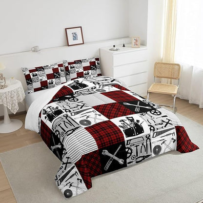 Kids Boys Car Bedding Set Queen Size Farmhouse Gingham Check Comforter Wrench Repair Outfit Comforter Set Red Black Duvet Set 3Pcs Quilt Set 1 Comforter Set with 2 Pillowcase