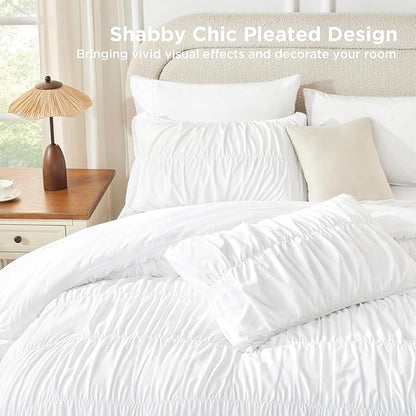 Andency Ruched White King Size Comforter Set, Shabby Chic Pleated Bedding Sets 3 Pieces, Lightweight Soft Boho Ruffle Bed Set for Girls, Kids, Women, All Season