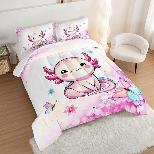 Cartoon Axolotl Comforter Kids Bedding Set,Axolotl Flower Butterfly Bedding Queen Size for Boys Girls Room Kawaii Decor,Pink Toddler Comforter Sets with 2 Pillowcases.