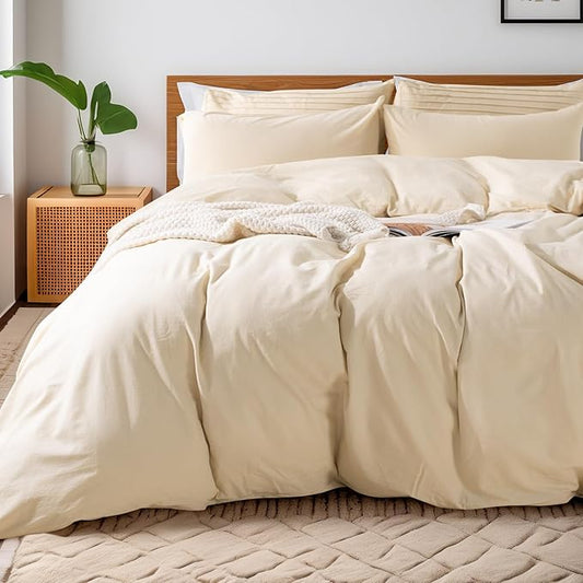 NEXHOME PRO Duvet Cover Set 100% Washed Cotton Oversized King 120"x98" Linen Feel Textured Organic Natural 3 Pieces Bedding Set with Zipper Closure, Breathable and Soft (No Comforter)