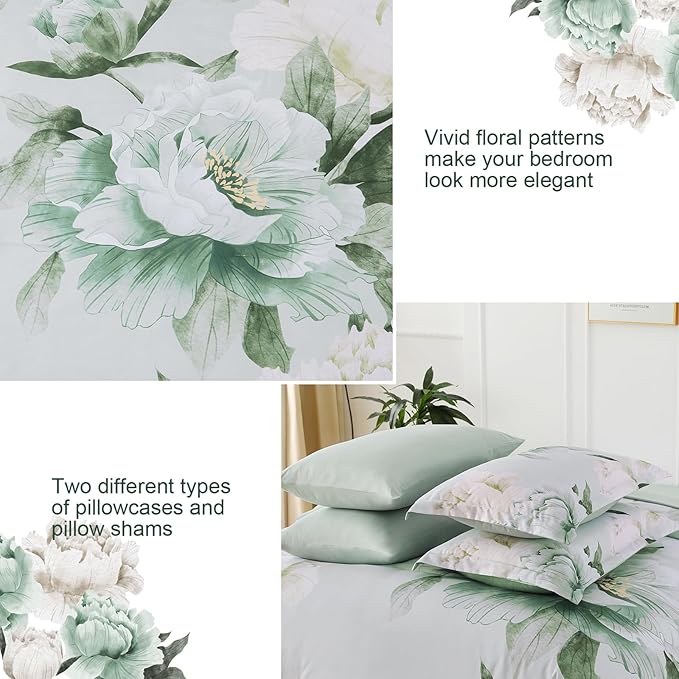 Dobuyly Floral King Size Comforter Set 7 Piece Bed in a Bag, Sage Green Reversible Comforter Set with Sheets, Soft Microfiber Botanical Flowers Summer Bedding Set for All Season