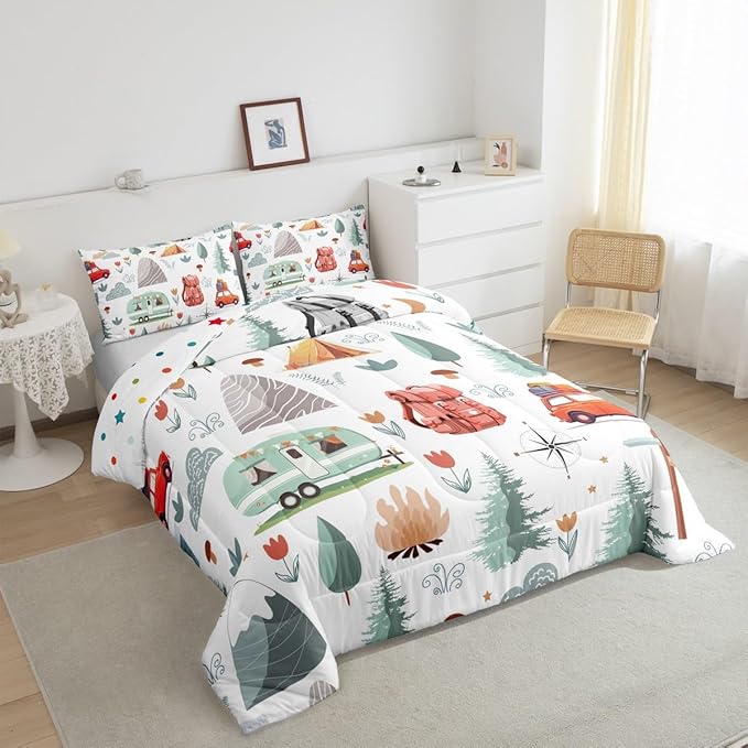 Kids Happy Camping Comforter Set Queen, Camper Bedding for Travel Trailers, Travel Car Rv Down Comforter, Botanical Floral Mountain Adventure Quilt, Cartoon Camper Car Duvet Insert Bedroom Decor 3Pcs