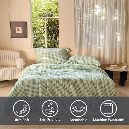 NSNLGSGC Sage Green Ruffle Gingham Comforter Set Twin, Pre-Washed Ruffled Plaid Checked Comforter Bedding, 2 Pieces Vintage Farmhouse Grid Bedding Set(Green Gingham, Twin)