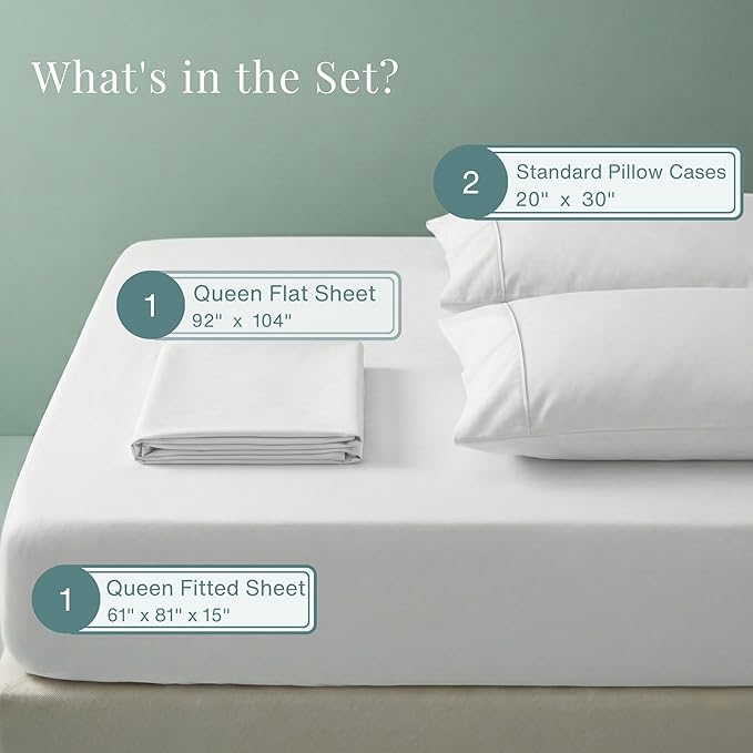 100% Egyptian Cotton Sheets Queen Size Bed Set, 15" Deep Pocket Queen Sheet set, Sateen Cotton Bed Sheet, Cool Soft Breathable No Pill Elasticated Luxury White Bedding For All Seasons