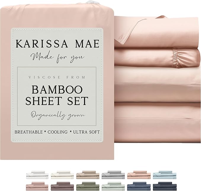 KARISSA MAE Cooling Bamboo Viscose Split King Sheet Set | 100% FSC Certified | 18” Deep Pocket | Silky, Soft, & Hypoallergenic | with Organizer Band & Elastic Corner Straps [Pink Peony]
