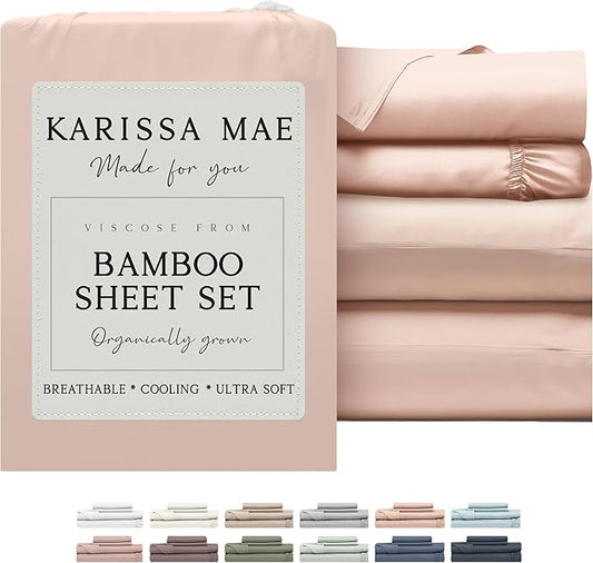 KARISSA MAE Cooling Bamboo Viscose 34" Split Top King Sheet Set | 100% FSC Certified | 18” Deep Pocket | Silky, Soft, & Hypoallergenic | with Organizer Band & Elastic Corner Straps [Pink Peony]