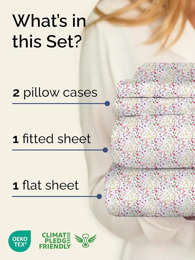 Floral Sheets - Flower Print Bed Sheet Set - 1 Flat, 1 Fitted & 2 Pillowcases w/ Deep Pockets - Comfy, Wrinkle & Fade Free - Boho Botanical Bedding - Soft, Breathable and Cooling - Cal King Size Set