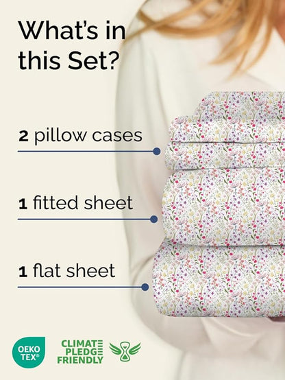 Floral Sheets - Flower Print Bed Sheet Set - 1 Flat, 1 Fitted & 2 Pillowcases w/ Deep Pockets - Comfy, Cozy, Wrinkle & Fade Free - Boho Botanical Bedding - Soft, Breathable & Cooling - King Size Set