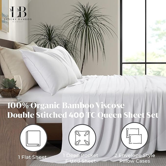 Luxury Bamboo Market | Queen Size Bed Sheet Set | 100% Viscose Made from Bamboo | Organically Grown | Ultra Soft | Cooling Sheets for Hot Sleepers | 17" Deep Pocket [Classic White]