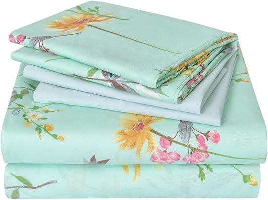 JSD Green Floral Sheet Set King Size 6 Piece, Soft Boho Printed Microfiber Bed Sheets Extra Deep Pocket, Oeko-TEX Certified