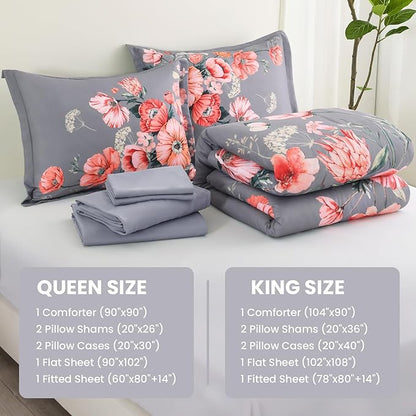 Queen Comforter Set - 7 Pieces Bed in a Bag Dark Grey Floral Queen Comforter Set with Sheets, Soft Microfiber Flower Complete Bedding Set for All Seasons（Dark Grey,90"x90"）