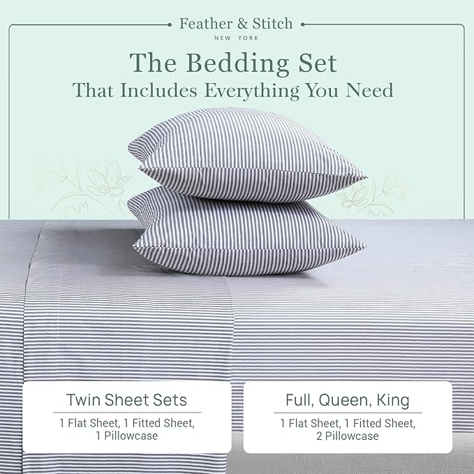 Feather & Stitch Softest 100% Cotton Sheets, 300 Thread Count Percale Weave Bedding, 16" Deep Pocket, Cooling Sheets, Breathable Bed Set, Hotel Premium Quality (Twin, Grey Stripe)