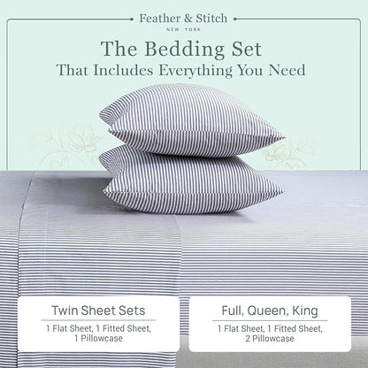 Feather & Stitch Softest 100% Cotton Sheets, 300 Thread Count Percale Weave Bedding, 16" Deep Pocket, Cooling Sheets, Breathable Bed Set, Hotel Premium Quality (Twin, Grey Stripe)