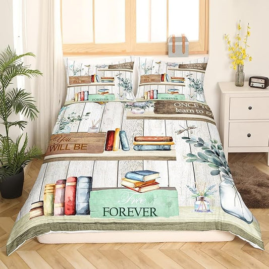 Watercolor Books Bedding Set Reading Time Girls Women Duvet Cover Set Rustic Farmhouse Style Comforter Cover Floral Leaves Bedspread Cover Bedroom Quilt Cover Full with 2 Pillowcase,No Comforter
