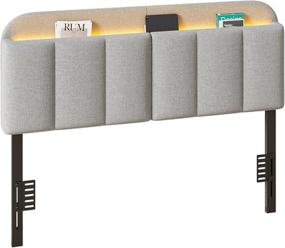 Queen Size Adjustable Headboard, Upholstered Headboard with Storage, APP Controlled LED Light, Padded Head Board Only, Sturdy Metal Foot Frame, Vertical Channel Design for Bedroom, Grey